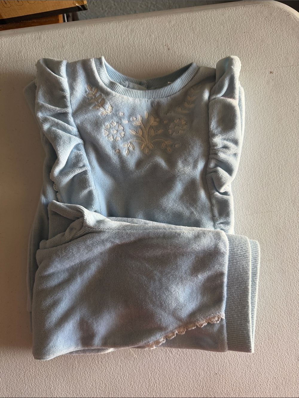 Little Me Light Blue Ruffle Sweatshirt with White Floral Embroidery